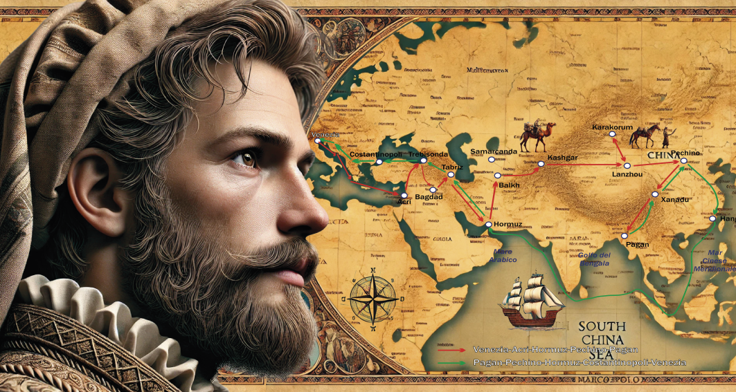Marco Polo e mappa del viaggio tra Venezia e la Cina